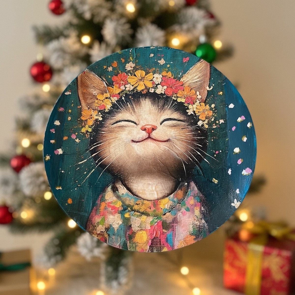Die Naschkatze – runder Naschteller mit Katzenmotiv und Blumenkranz