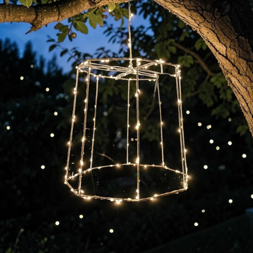 Laterne Lola, ein solarbetriebenes Lichtwesen, hängt abends leuchtend an einem Baum