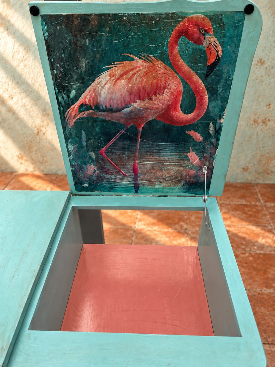 Innenleben von Hermine – Flamingo-Motiv im geöffneten Fach, Innenraum in Koralle